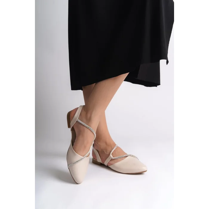 HANNAH Lastikli Ortopedik Rahat Taban Taş Detaylı Kadın Babet Ayakkabı  KT - Krem