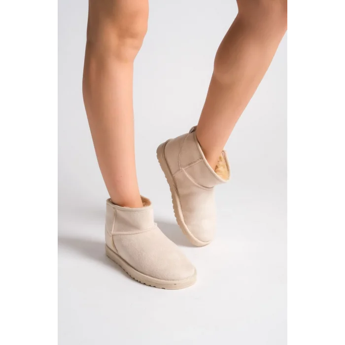 JOLIE Bağcıksız Düz Taban İçi Kürklü Kısa Süet Kadın Bot KT - Krem