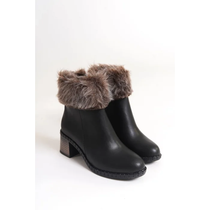 JULIA Fermuarlı Ortopedik Taban Tüylü Topuklu Kadın Bot ST - Siyah