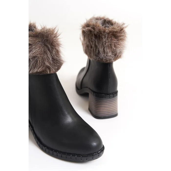 JULIA Fermuarlı Ortopedik Taban Tüylü Topuklu Kadın Bot ST - Siyah