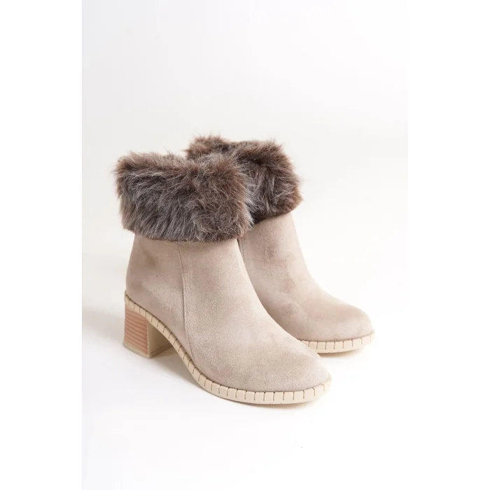 JULIA Fermuarlı Ortopedik Taban Tüylü Topuklu Süet Kadın Bot KT - Krem
