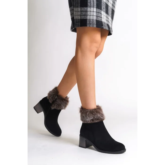 JULIA Fermuarlı Ortopedik Taban Tüylü Topuklu Süet Kadın Bot  ST - Siyah