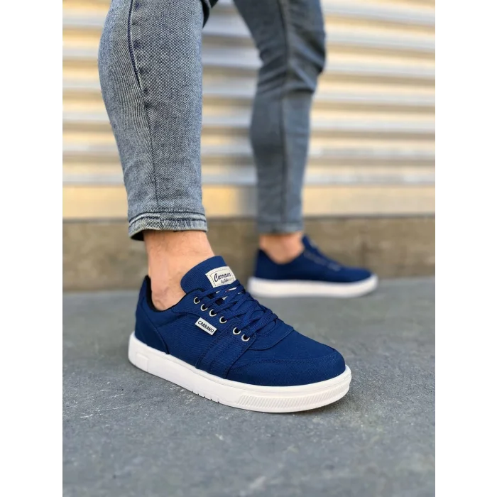 JY0118 REX Bağcıklı Keten Kumaş Erkek Günlük Sneaker Ayakkabı KBT - Lacivert