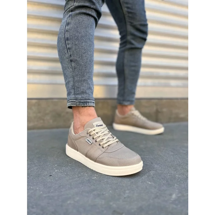 JY0118 REX Bağcıklı Keten Kumaş Erkek Günlük Sneaker Ayakkabı KKT - Bej