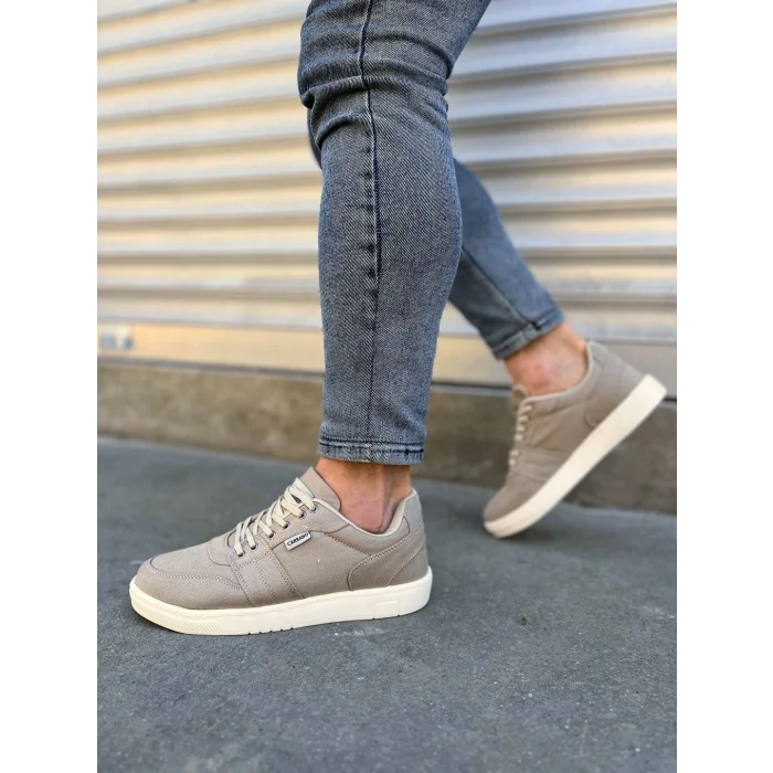 JY0118 REX Bağcıklı Keten Kumaş Erkek Günlük Sneaker Ayakkabı KKT - Bej