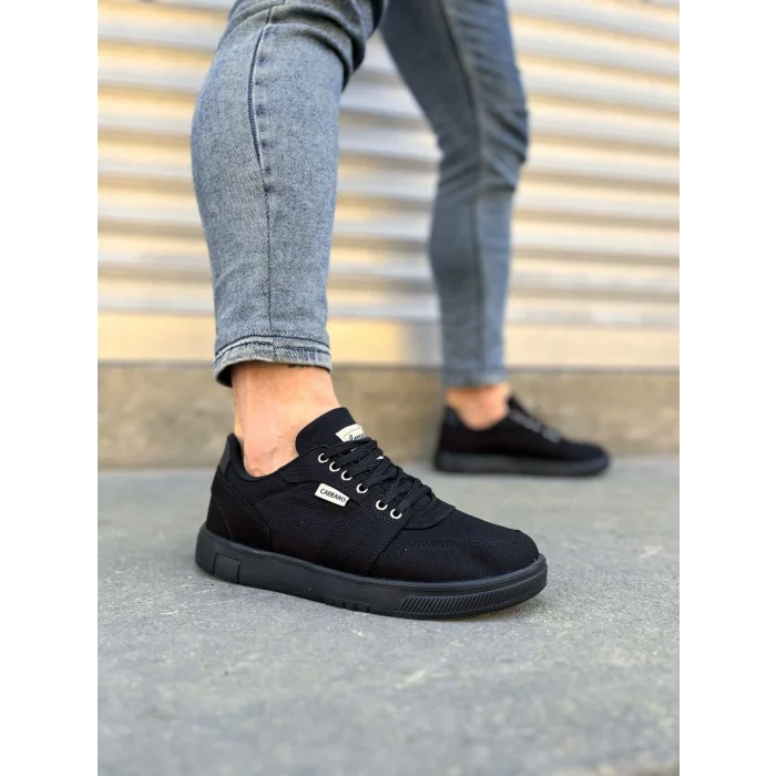 JY0118 REX Bağcıklı Keten Kumaş Erkek Günlük Sneaker Ayakkabı KST - Siyah