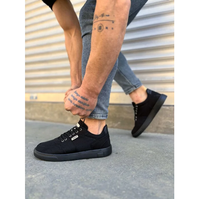 JY0118 REX Bağcıklı Keten Kumaş Erkek Günlük Sneaker Ayakkabı KST - Siyah