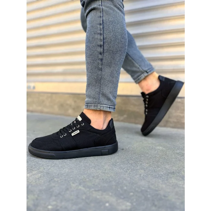 JY0118 REX Bağcıklı Keten Kumaş Erkek Günlük Sneaker Ayakkabı KST - Siyah