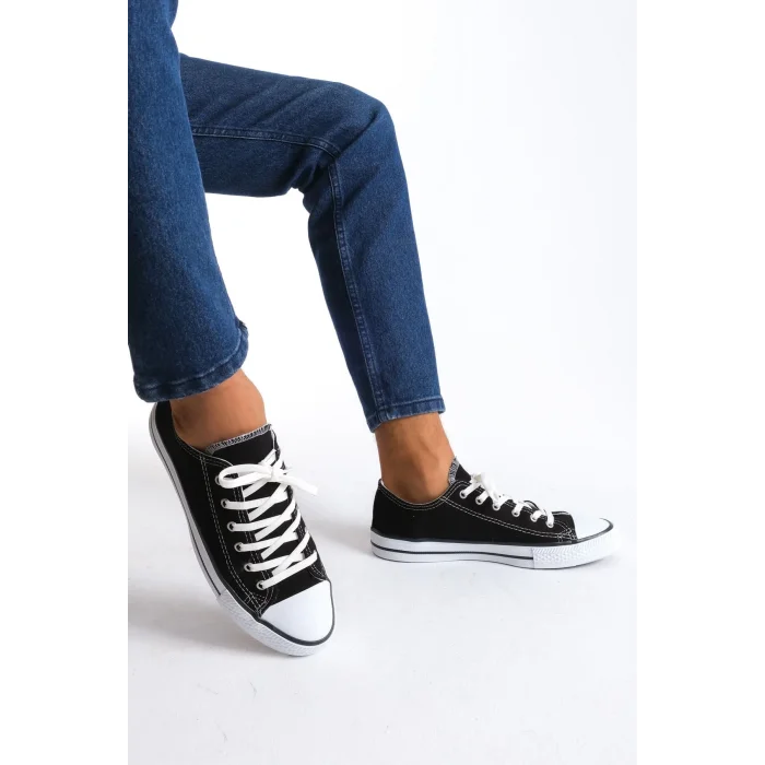 JY0422 Luke Bağcıklı Keten Kumaş Erkek Günlük Sneaker Ayakkabı KBT - Siyah