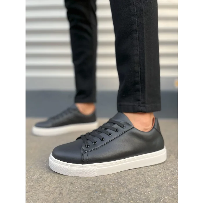 JY122 Mode Bağcıklı Cilt Erkek Günlük Sneaker Ayakkabı CBT - Siyah