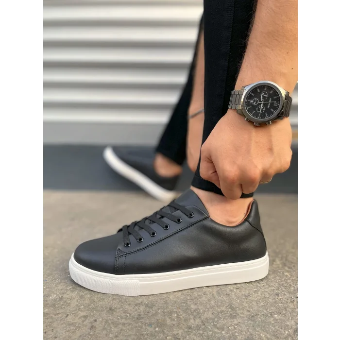 JY122 Mode Bağcıklı Cilt Erkek Günlük Sneaker Ayakkabı CBT - Siyah