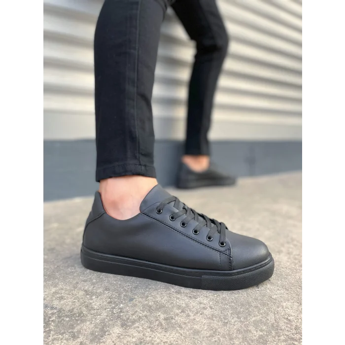 JY122 Mode Bağcıklı Cilt Erkek Günlük Sneaker Ayakkabı CST - Siyah