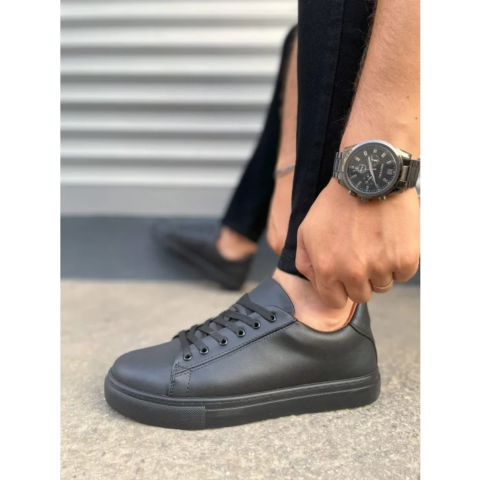 JY122 Mode Bağcıklı Cilt Erkek Günlük Sneaker Ayakkabı CST - Siyah