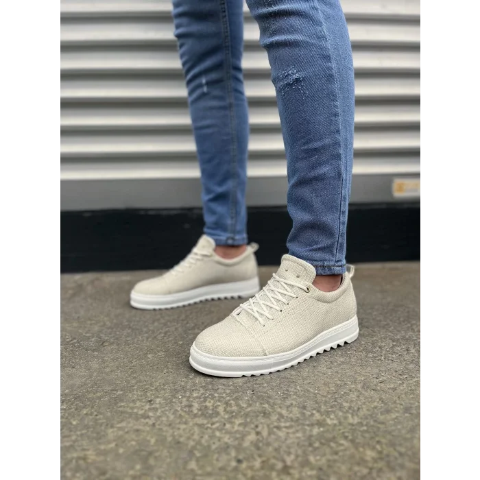 JY152 Cool Bağcıklı Keten Erkek Günlük Spor Klasik Ayakkabı KBT - Beyaz