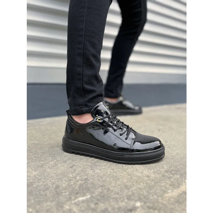 JY152 Cool Bağcıklı Rugan Erkek Günlük Spor Klasik Ayakkabı RST - Siyah