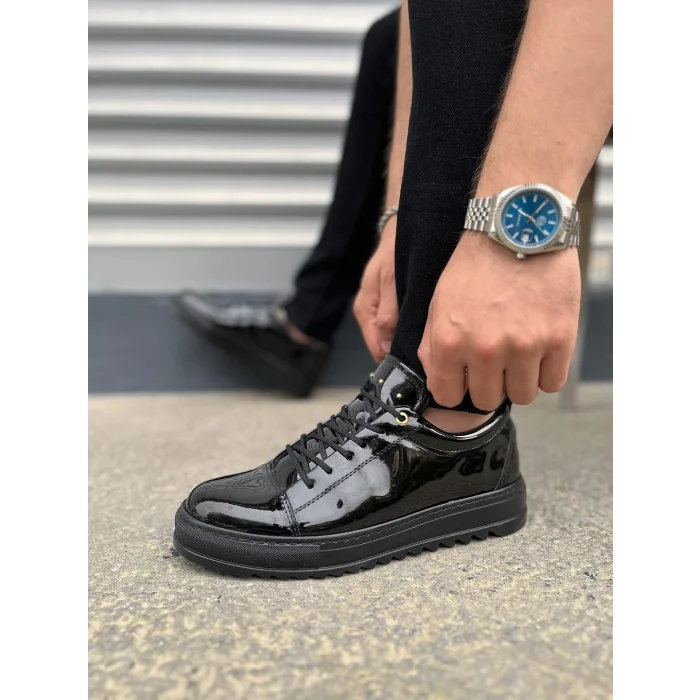 JY152 Cool Bağcıklı Rugan Erkek Günlük Spor Klasik Ayakkabı RST - Siyah