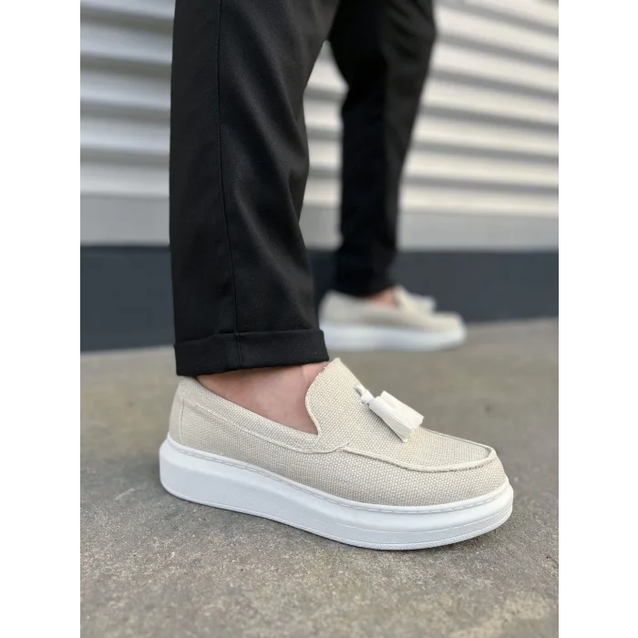 JY154 Blaze Bağcıksız Püsküllü Keten Erkek Günlük Spor Klasik Ayakkabı KBT - Beyaz