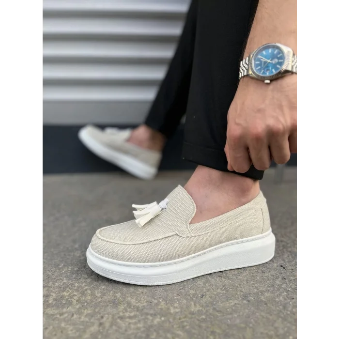 JY154 Blaze Bağcıksız Püsküllü Keten Erkek Günlük Spor Klasik Ayakkabı KBT - Beyaz
