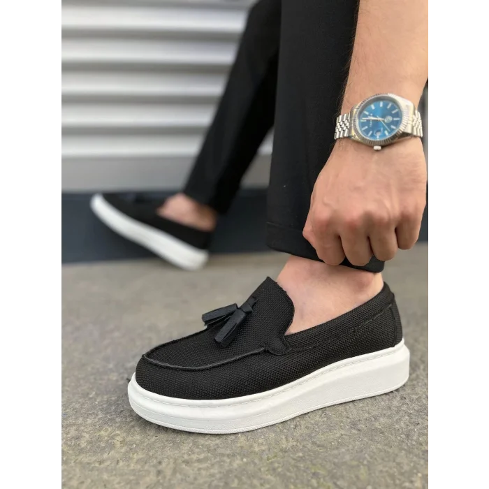 JY154 Blaze Bağcıksız Püsküllü Keten Erkek Günlük Spor Klasik Ayakkabı KBT - Siyah