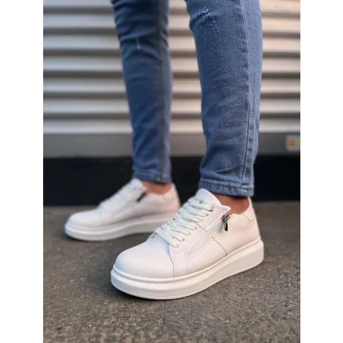 JY155 Warrior Bağcıklı ve Fermuarlı Cilt Erkek Günlük Sneaker Ayakkabı CBT - Beyaz