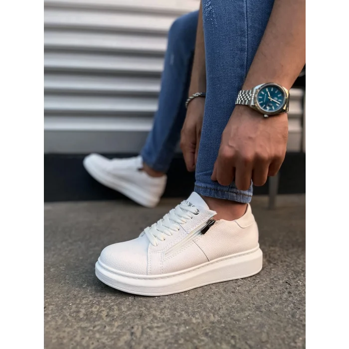 JY155 Warrior Bağcıklı ve Fermuarlı Cilt Erkek Günlük Sneaker Ayakkabı CBT - Beyaz