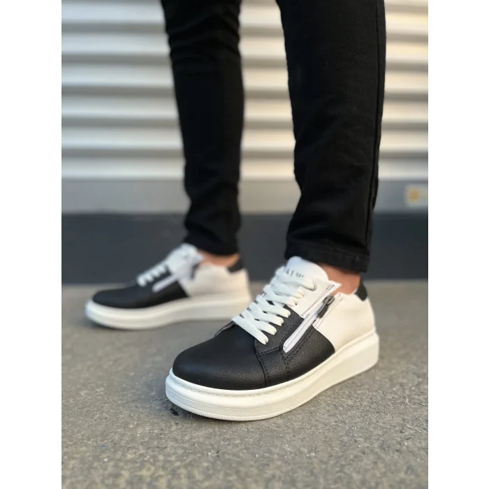 JY155 Warrior Bağcıklı ve Fermuarlı Cilt Erkek Günlük Sneaker Ayakkabı CBT - Beyaz/Siyah