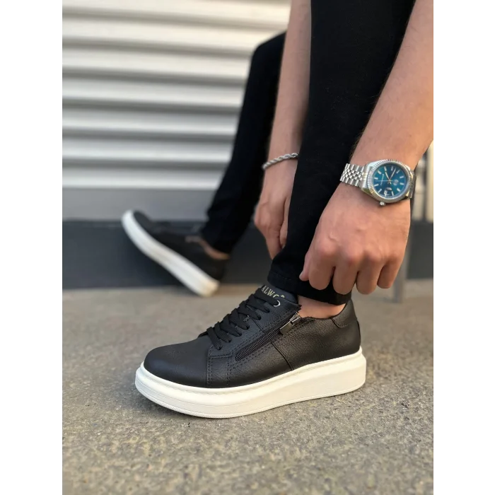 JY155 Warrior Bağcıklı ve Fermuarlı Cilt Erkek Günlük Sneaker Ayakkabı CBT - Siyah
