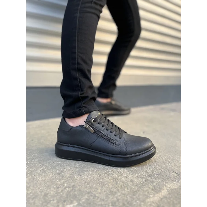 JY155 Warrior Bağcıklı ve Fermuarlı Cilt Erkek Günlük Sneaker Ayakkabı CST - Siyah