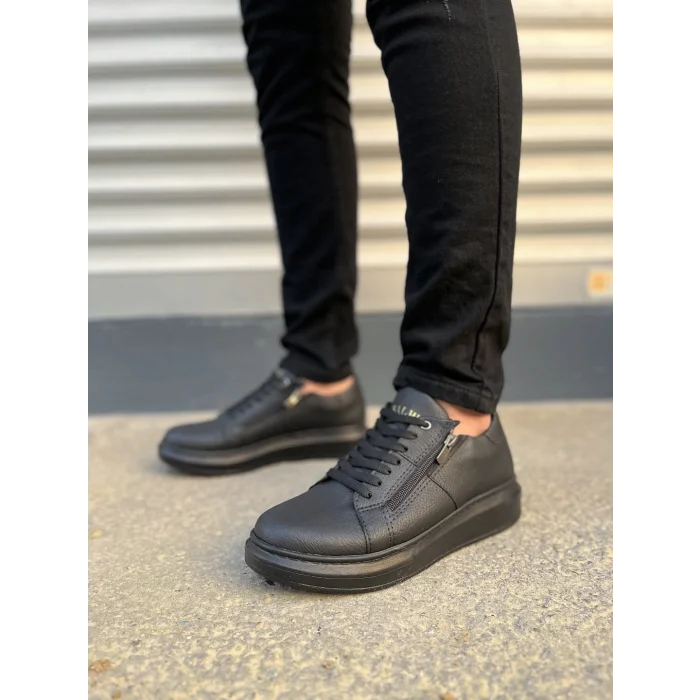 JY155 Warrior Bağcıklı ve Fermuarlı Cilt Erkek Günlük Sneaker Ayakkabı CST - Siyah