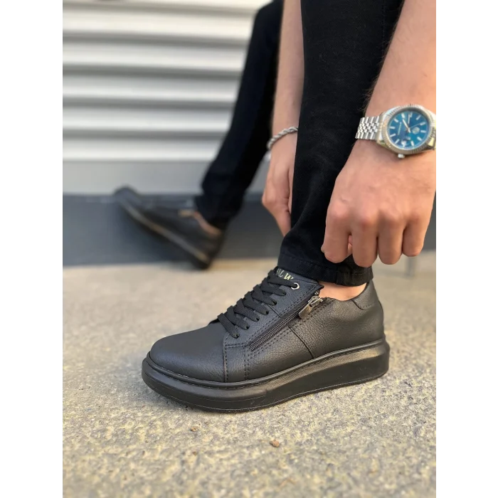 JY155 Warrior Bağcıklı ve Fermuarlı Cilt Erkek Günlük Sneaker Ayakkabı CST - Siyah