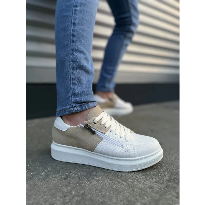 JY155 Warrior Bağcıklı ve Fermuarlı Cilt Süet Erkek Günlük Sneaker Ayakkabı CSBT - Beyaz/Krem