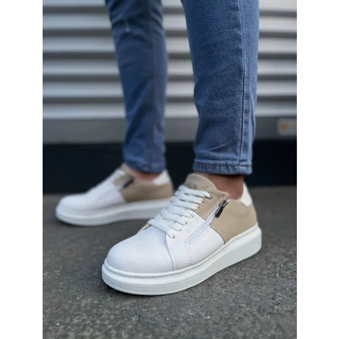 JY155 Warrior Bağcıklı ve Fermuarlı Cilt Süet Erkek Günlük Sneaker Ayakkabı CSBT - Beyaz/Krem