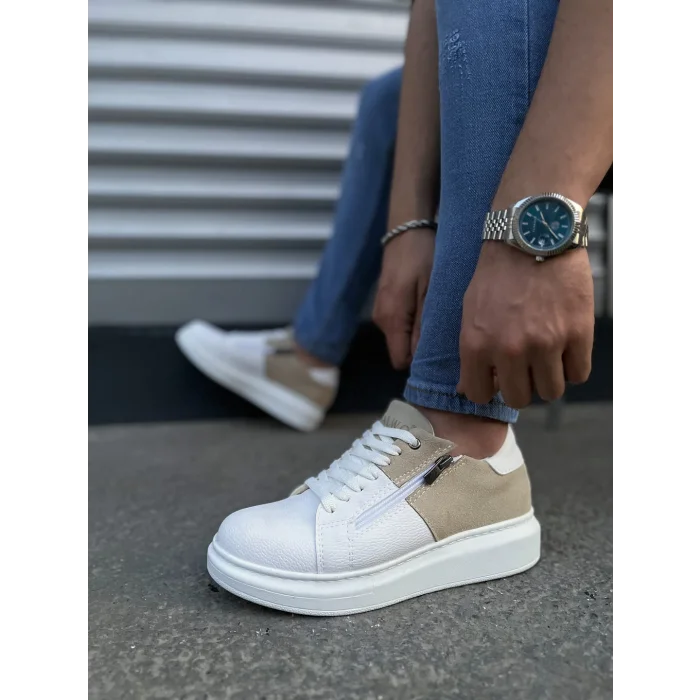 JY155 Warrior Bağcıklı ve Fermuarlı Cilt Süet Erkek Günlük Sneaker Ayakkabı CSBT - Beyaz/Krem