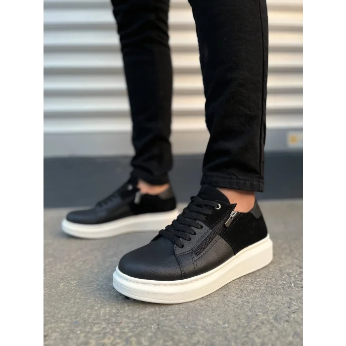 JY155 Warrior Bağcıklı ve Fermuarlı Cilt Süet Erkek Günlük Sneaker Ayakkabı CSBT - Siyah