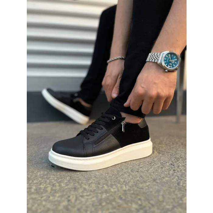 JY155 Warrior Bağcıklı ve Fermuarlı Cilt Süet Erkek Günlük Sneaker Ayakkabı CSBT - Siyah