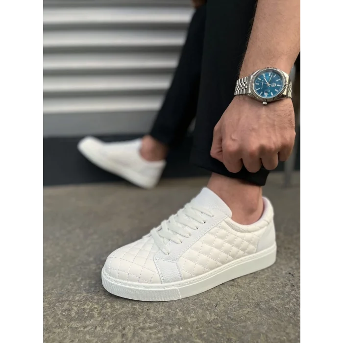 JY166 Prestige Bağcıklı Cilt Kapitone Desenli Erkek Günlük Sneaker Ayakkabı CBT - Beyaz
