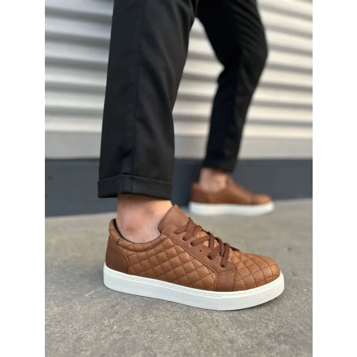 JY166 Prestige Bağcıklı Cilt Kapitone Desenli Erkek Günlük Sneaker Ayakkabı CBT - Taba
