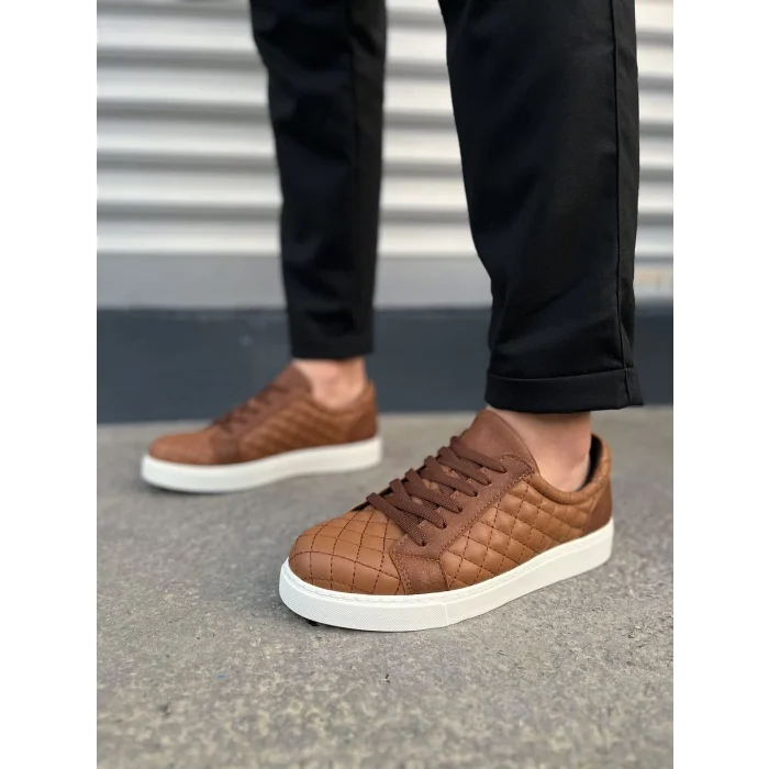 JY166 Prestige Bağcıklı Cilt Kapitone Desenli Erkek Günlük Sneaker Ayakkabı CBT - Taba