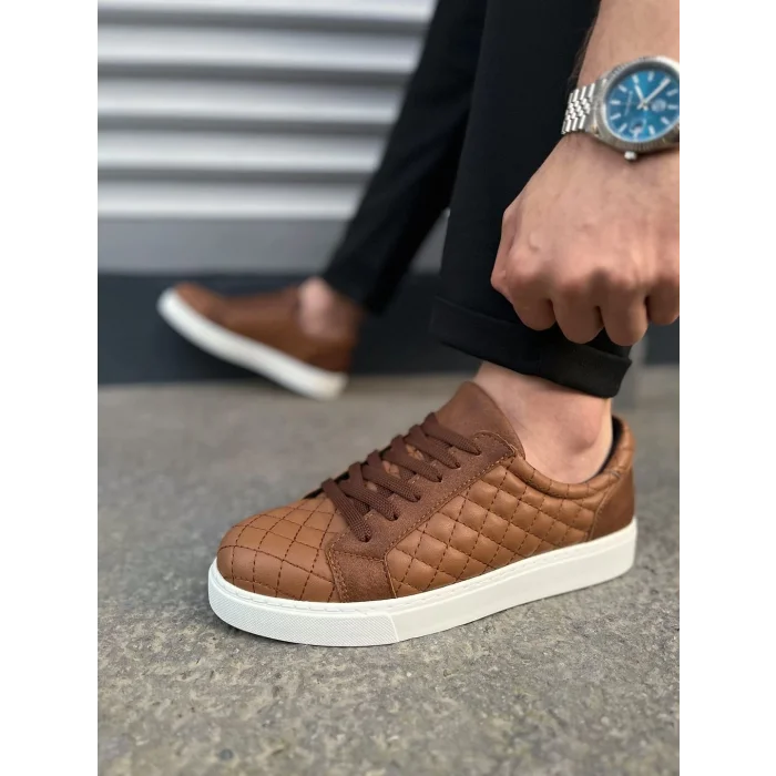 JY166 Prestige Bağcıklı Cilt Kapitone Desenli Erkek Günlük Sneaker Ayakkabı CBT - Taba