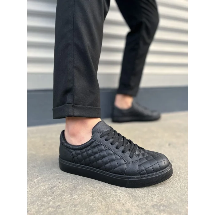 JY166 Prestige Bağcıklı Cilt Kapitone Desenli Erkek Günlük Sneaker Ayakkabı CST - Siyah
