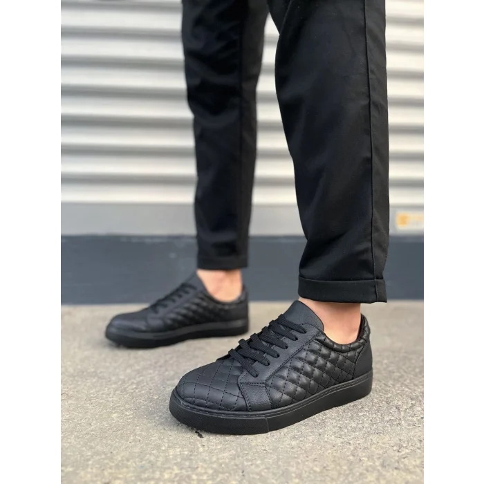 JY166 Prestige Bağcıklı Cilt Kapitone Desenli Erkek Günlük Sneaker Ayakkabı CST - Siyah