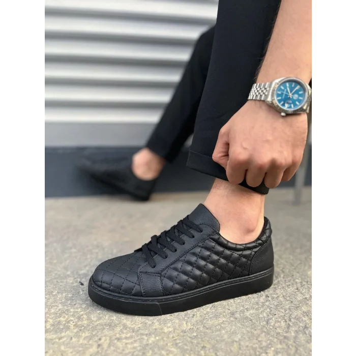 JY166 Prestige Bağcıklı Cilt Kapitone Desenli Erkek Günlük Sneaker Ayakkabı CST - Siyah
