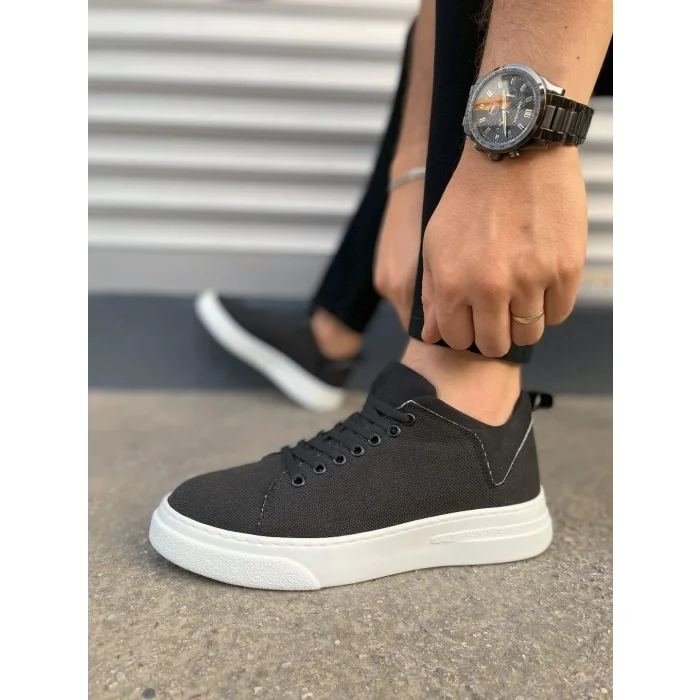 JY204 Flex Bağcıklı Keten Kumaş Erkek Günlük Sneaker Ayakkabı KBT - Siyah