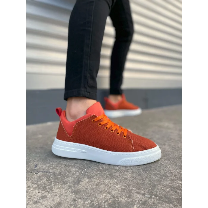 JY204 Flex Bağcıklı Keten Kumaş Erkek Günlük Sneaker Ayakkabı KBT - Turuncu
