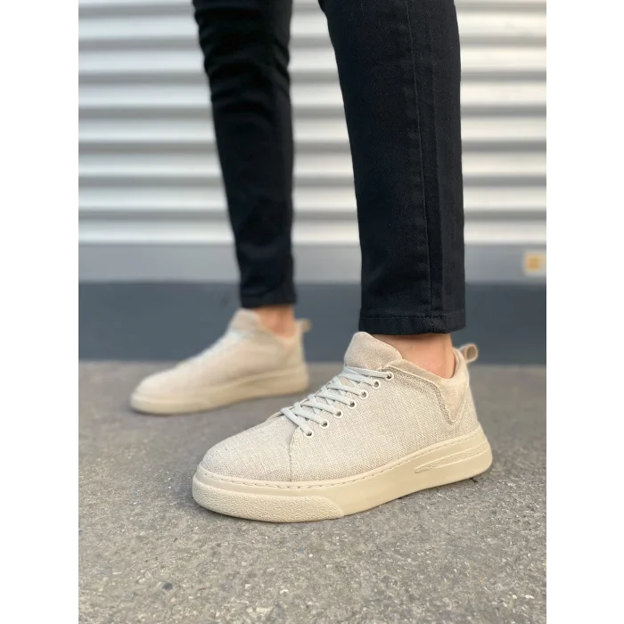 JY204 Flex Bağcıklı Keten Kumaş Erkek Günlük Sneaker Ayakkabı KKT - Krem