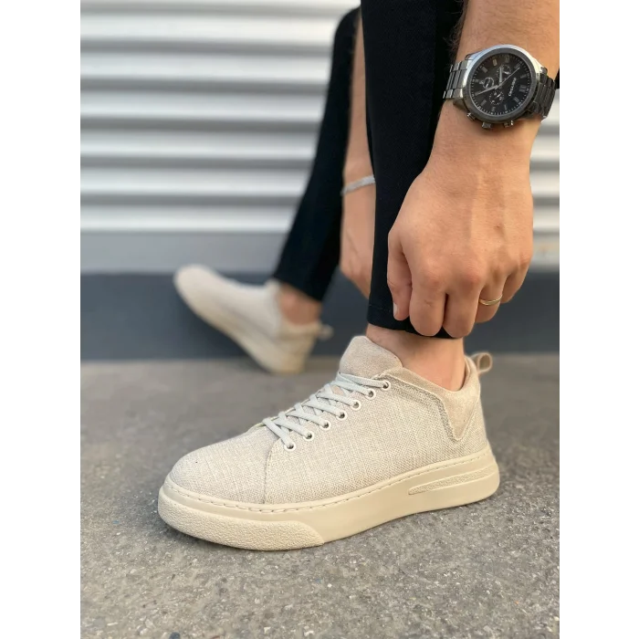JY204 Flex Bağcıklı Keten Kumaş Erkek Günlük Sneaker Ayakkabı KKT - Krem