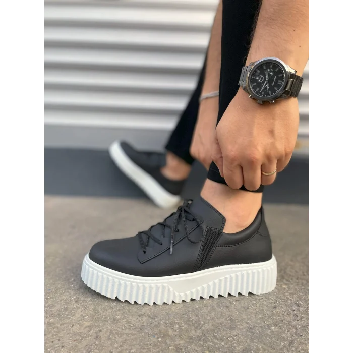JY502 Bold Bağcıklı Cilt Erkek Günlük Sneaker Ayakkabı CBT - Siyah