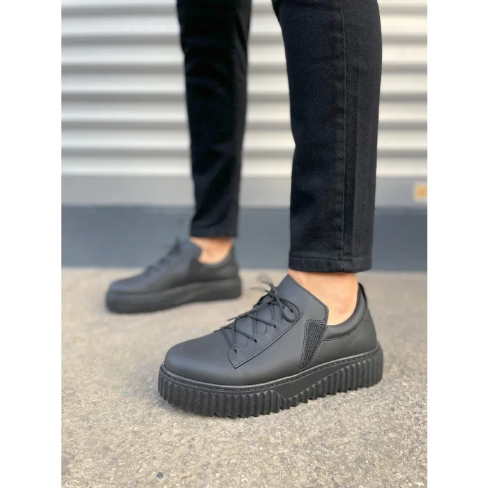 JY502 Bold Bağcıklı Cilt Erkek Günlük Sneaker Ayakkabı CST - Siyah