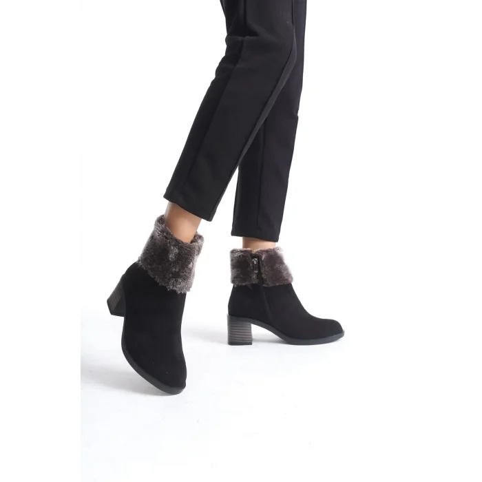KATYA Fermuarlı Ortopedik Taban Topuklu Kürk Detaylı Süet Kadın Bot  ST - Siyah