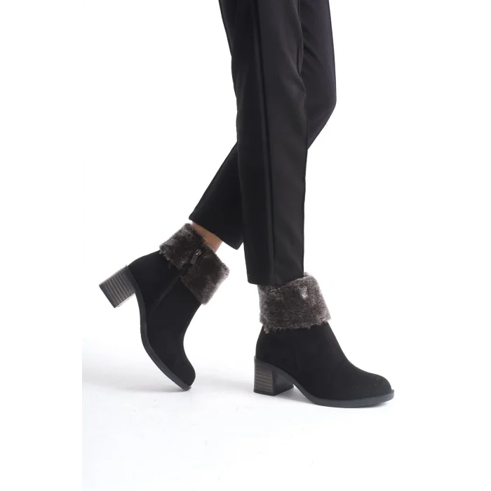 KATYA Fermuarlı Ortopedik Taban Topuklu Kürk Detaylı Süet Kadın Bot  ST - Siyah